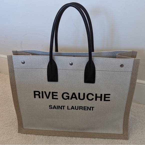 YSL Rive Gauche Large Tote Bag In Printed Canvas And Leather Lin Blanc Like New - Picture 11 of 17